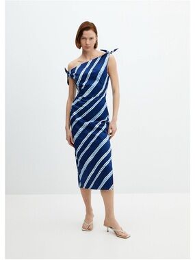 Mango Navy and White Diagonal-Stripe One-Shoulder Midi Dress
